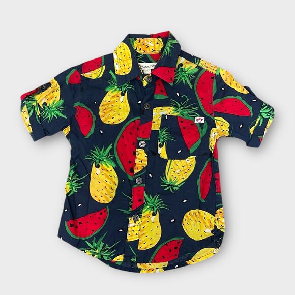 Fruit Print Button Up Shirt Kids Navy Sz 2T Pineapple Watermelon Summer Top - Picture 1 of 4